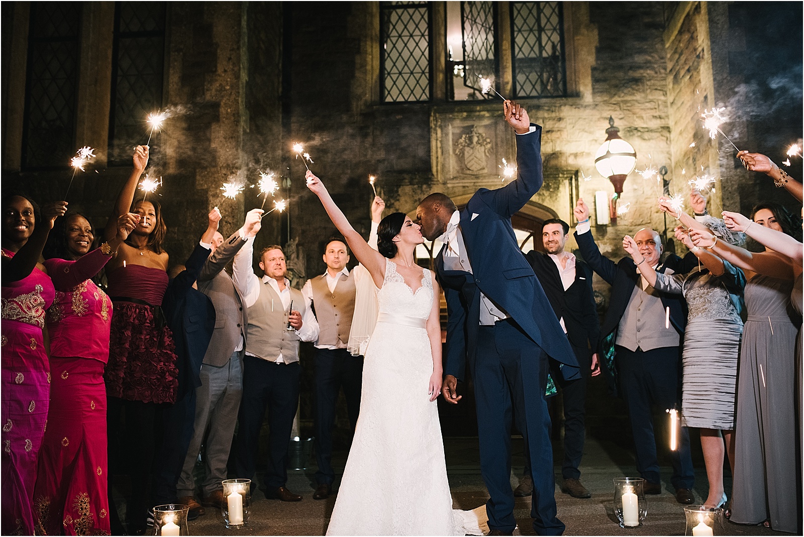 Sparklers held by bride and groom at mission manor cardiff